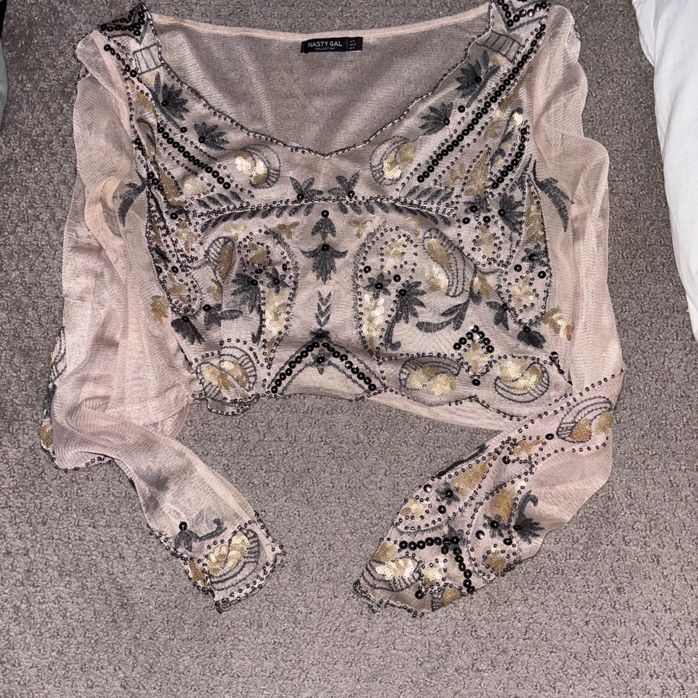 Nasty Gal Sheer Embellished Blouse - Gold and Black